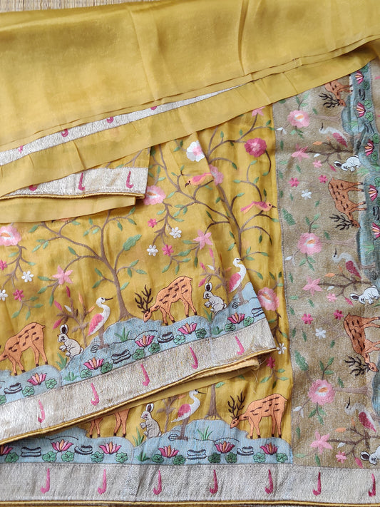 Mustard Yellow Colour Semi Tissue Saree With Vanasingaram Embroidery Body Code : VB0149