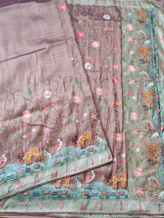 Onion Pink Colour Semi Tissue Saree With & Vanasingaram Embroidery Body Code : VB0147