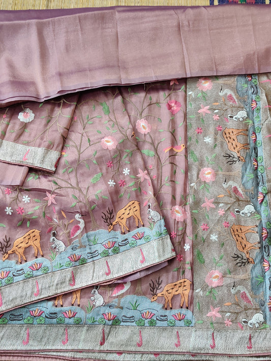 Onion Pink Colour Semi Tissue Saree With & Vanasingaram Embroidery Body Code : VB0147