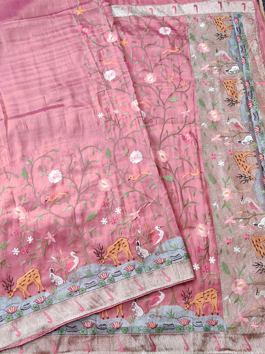 Pink Colour Semi Tissue Saree With Vanasingaram Embroidery Body Code : VB0150