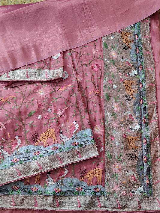 Pink Colour Semi Tissue Saree With Vanasingaram Embroidery Body Code : VB0150