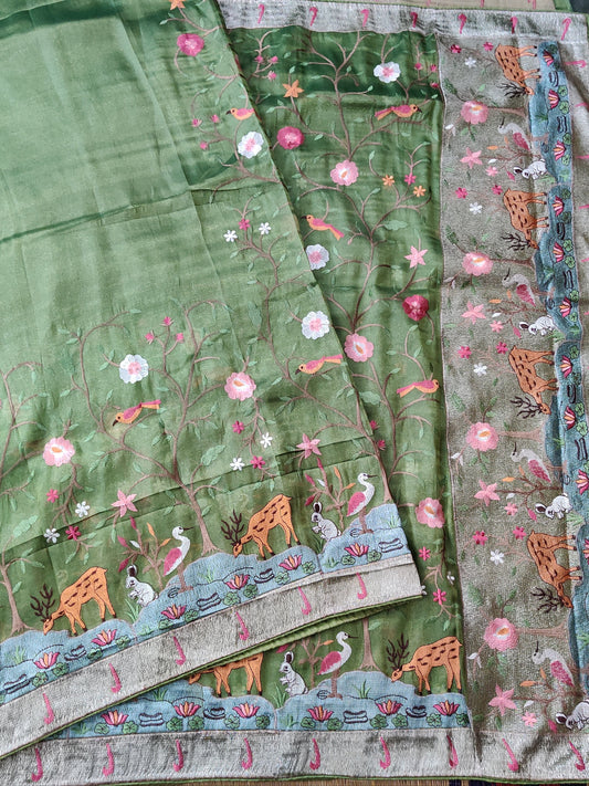 Green Colour Semi Tissue Saree With Vanasingaram Embroidery Body Code : VB0148
