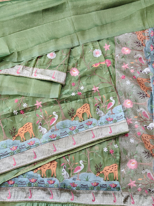 Green Colour Semi Tissue Saree With Vanasingaram Embroidery Body Code : VB0148