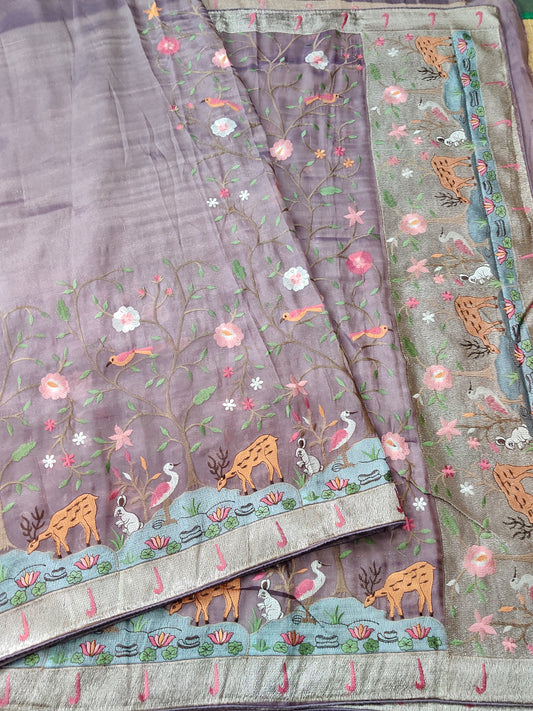 Dark Lavender Colour Semi Tissue Saree With Vanasingaram Embroidery Body Code : VB0146