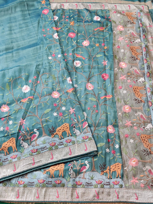 Turquoise Colour Semi Tissue Saree With Vanasingaram Embroidery Code : VB0145