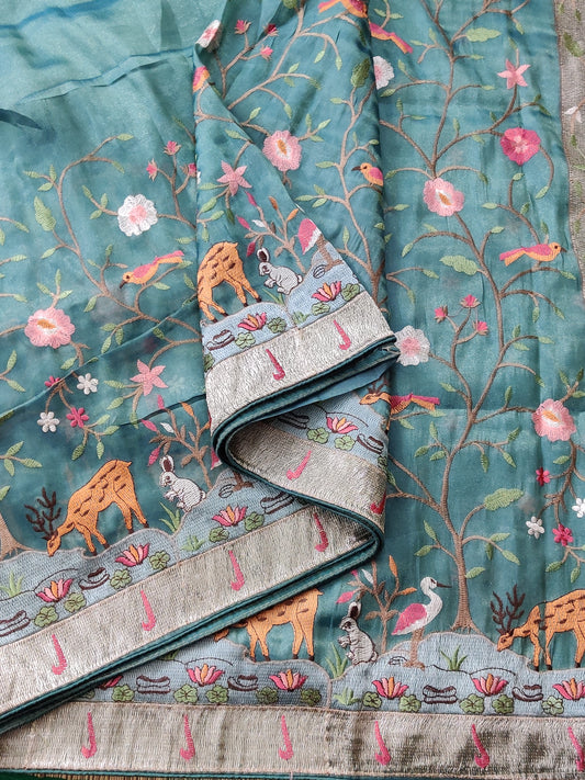 Turquoise Colour Semi Tissue Saree With Vanasingaram Embroidery Code : VB0145