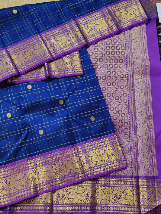 Navy Blue Colour Kanchivaram Silk Saree With Zari Checks & Zari Butta All Over : KA0107