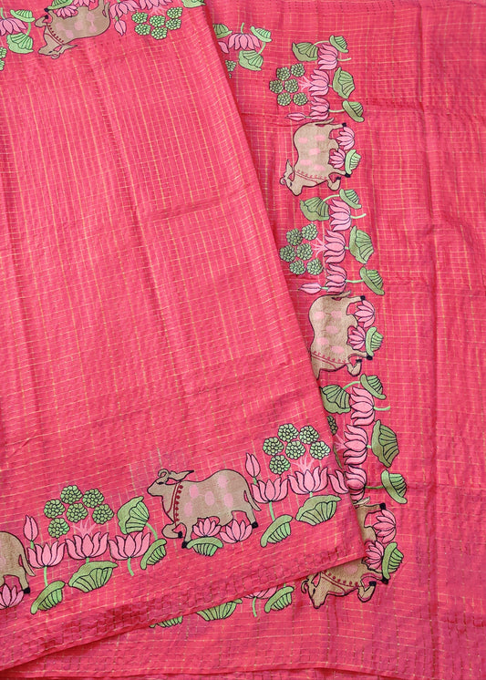 Reddish Pink Colour Semi Banarasi Saree With Zari Checks All Over Code : VB0157
