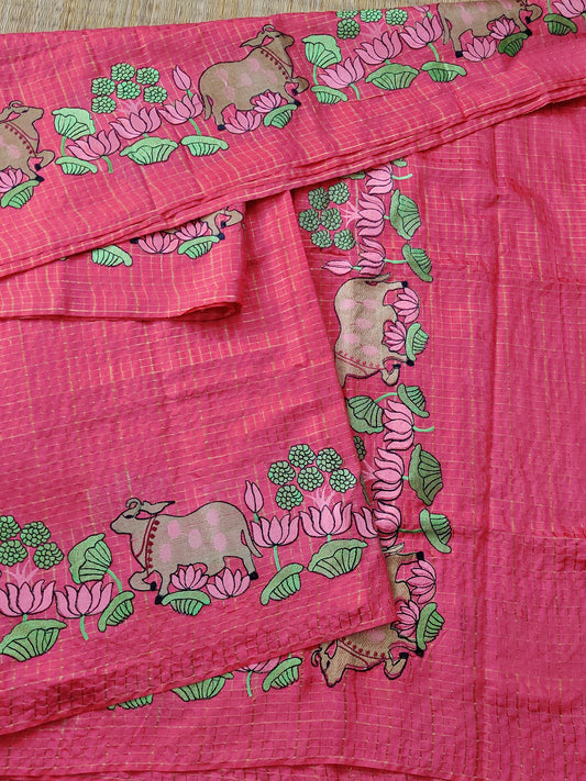 Reddish Pink Colour Semi Banarasi Saree With Zari Checks All Over Code : VB0157