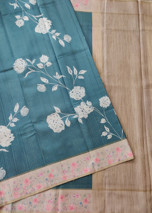 Rama Green Colour Semi Tussar Saree With Floral Digital Print All Over Code : VB0180