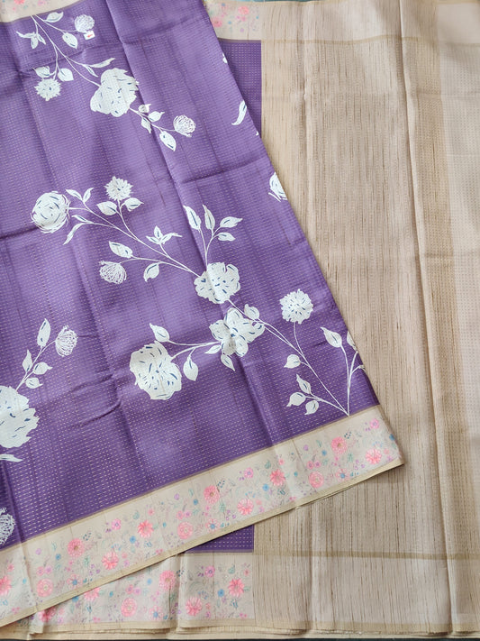 Light Purple Colour Semi Tussar Saree With Floral Digital Print All Over Code : VB0181