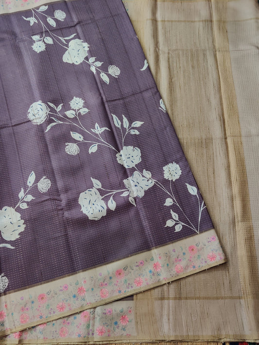 Chocolate Colour Semi Tussar Saree With Floral Digital Print All Over Code : VB0179