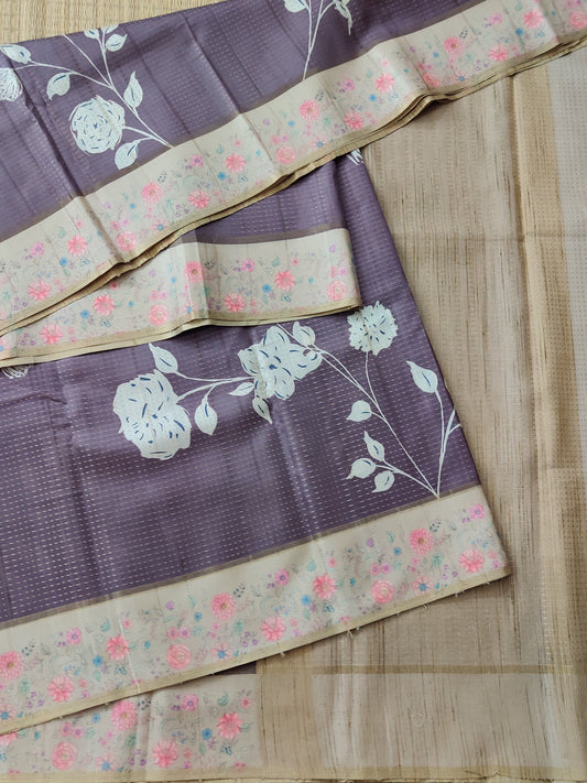 Chocolate Colour Semi Tussar Saree With Floral Digital Print All Over Code : VB0179