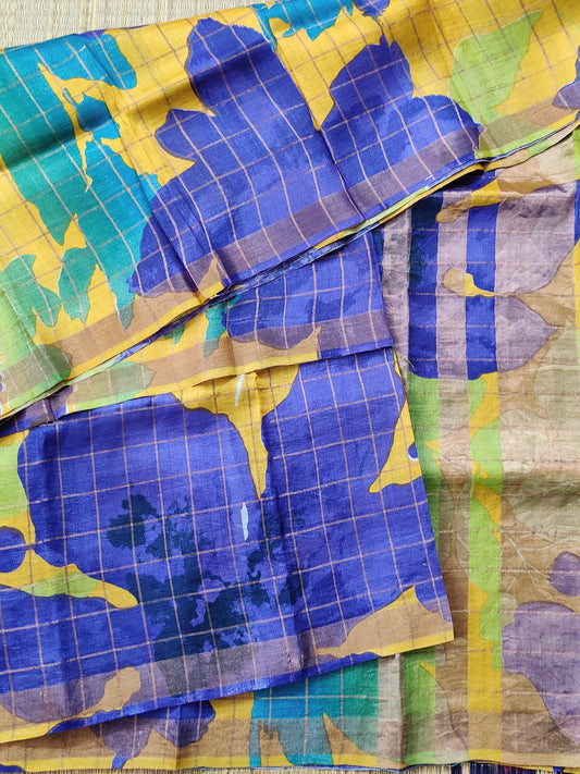 Yellow & Lavender Tussar Silk Saree With Floral Digital Print All Over Code : KT010