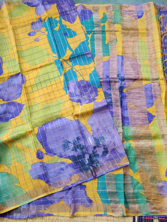 Mustard Yellow & Lavender With Floral Digital Print & Zari Checks All Over Code : KT012