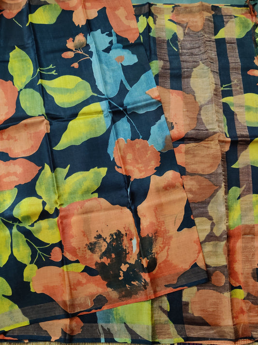 Black Colour Tussar Silk Saree With Floral Digital Print All Over Code : KT011