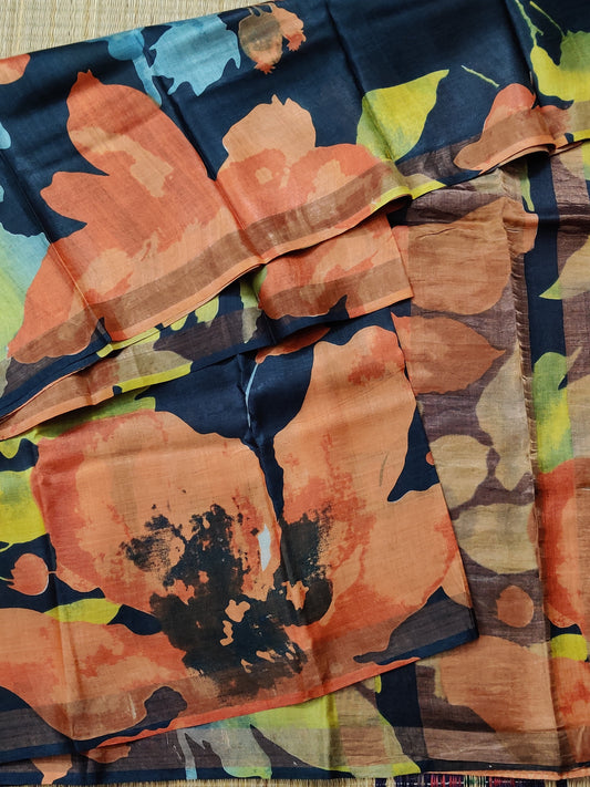 Black Colour Tussar Silk Saree With Floral Digital Print All Over Code : KT011