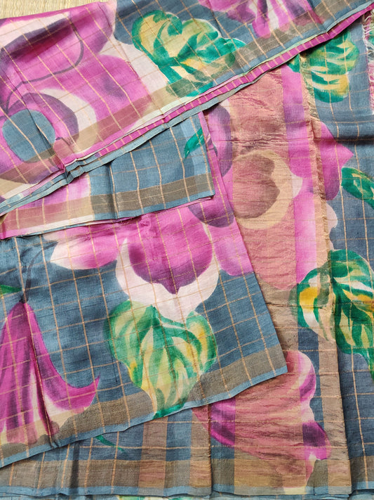 Grey Colour Tussar Silk Saree With Floral Digital print & Zari Checks All Over Code : KT013