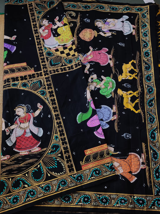 Black Colour Kanchivaram Silk Saree With Pattachitra Hand Painting All Over Code : KA0118