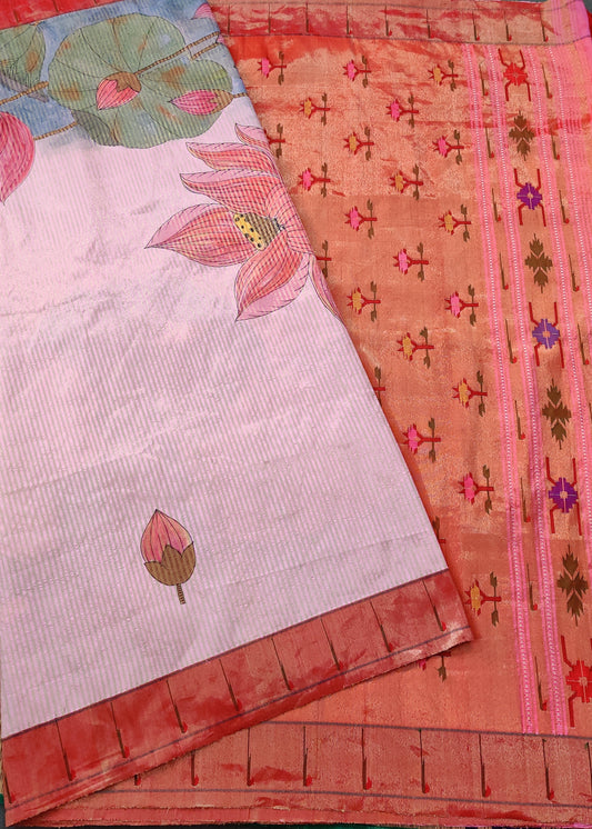 Light Pink Colour Paithani Silk Saree With Zari Stripes & Hand Painting Body Code : PA001