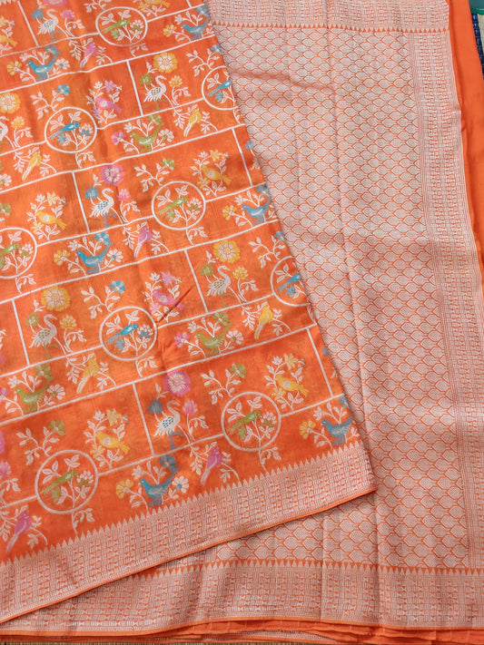 Orange Colour Semi Tussar Georgette Saree With Thread Woven Meenakari Body Code : VB0194