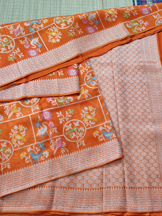 Orange Colour Semi Tussar Georgette Saree With Thread Woven Meenakari Body Code : VB0194