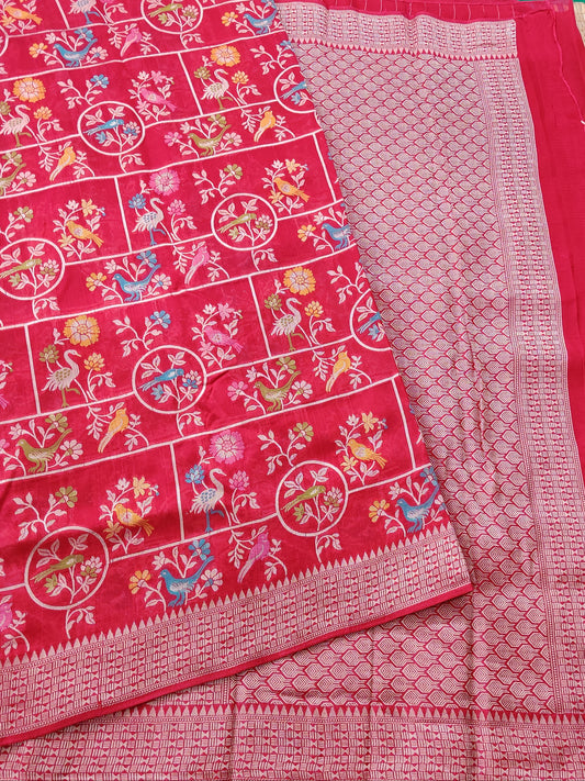 Reddish Pink Colour Semi Tussar Georgette Saree With Thread Woven Meenakari Body Code : VB0198