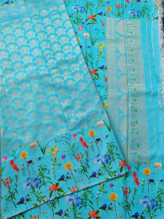 Sea Blue Colour Gadwal Silk Saree With Zari Motif All Over Code : GA003