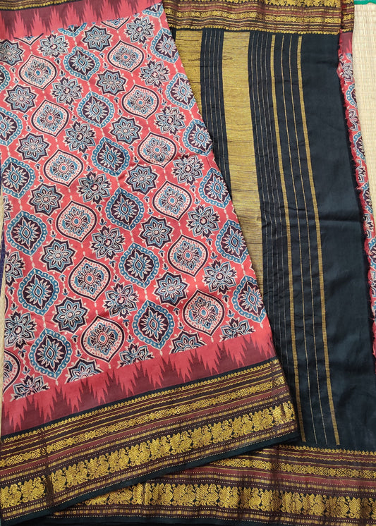 Maroon Colour Kanchivaram Silk With Ajrakh Print All Over Code : KA0123