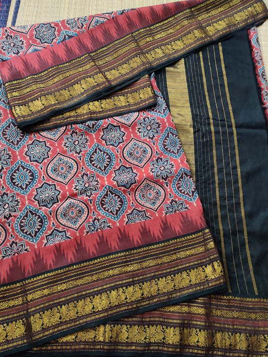 Maroon Colour Kanchivaram Silk With Ajrakh Print All Over Code : KA0123