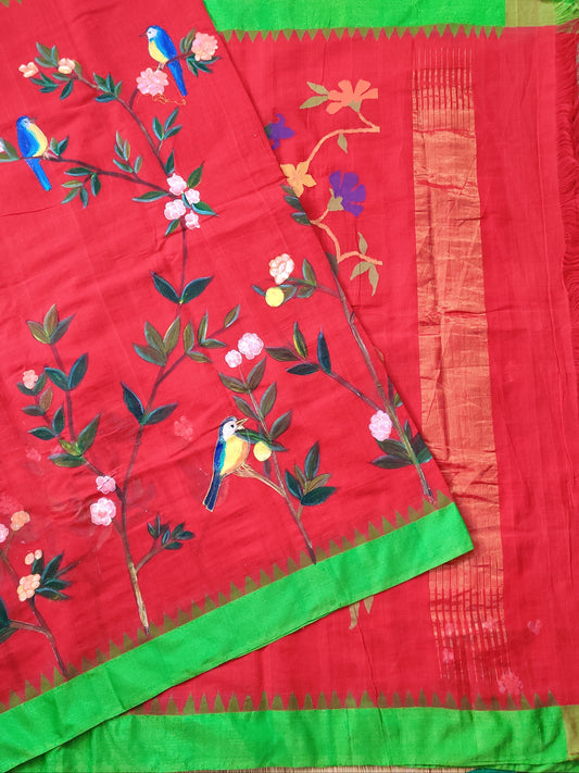 Red Colour Ponduru Khadi Cotton Saree With Hand Painting All Over Code : KA0120