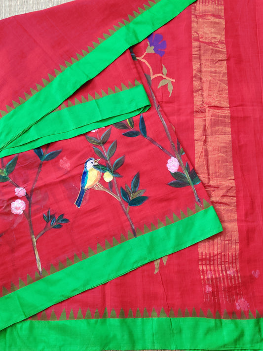 Red Colour Ponduru Khadi Cotton Saree With Hand Painting All Over Code : KA0120