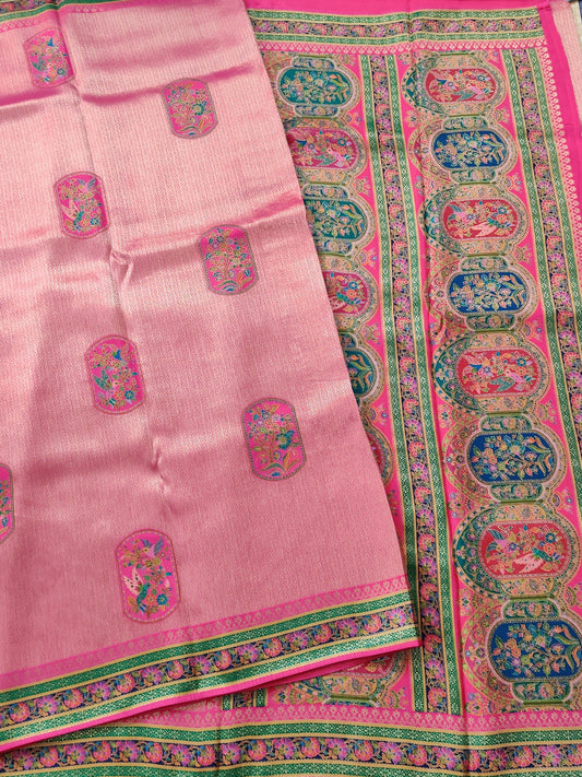 Pink Colour Zari Brocade Semi Banarasi Saree With Thread Woven Butta All Over Code :VB0200
