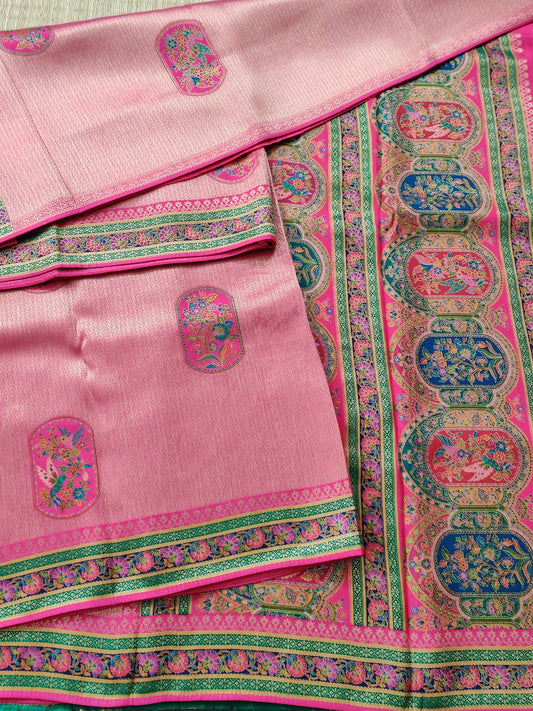 Pink Colour Zari Brocade Semi Banarasi Saree With Thread Woven Butta All Over Code :VB0200