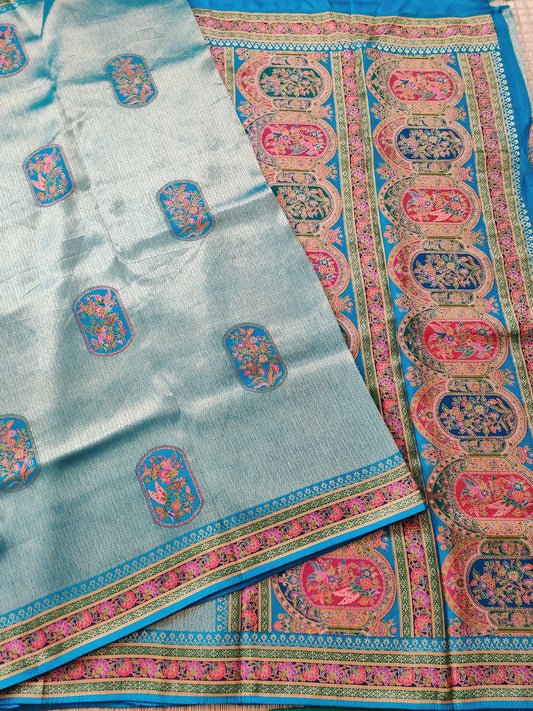 Rama Blue Colour Zari Brocade Semi Banarasi Saree With Thread Woven Butta All Over Code :VB0201