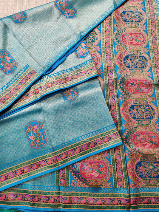 Rama Blue Colour Zari Brocade Semi Banarasi Saree With Thread Woven Butta All Over Code :VB0201