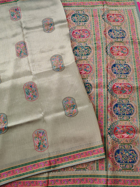 Pastel Green Colour Zari Brocade Semi Banarasi Saree With Thread Woven Butta All Over Code :VB0199