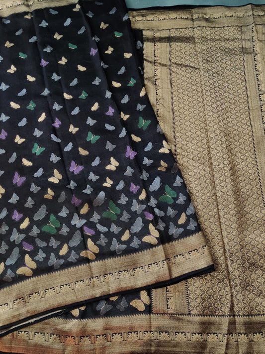 Black Colour Semi Tissue Modal Saree With Butterfly Motif All Over Code : VB0206