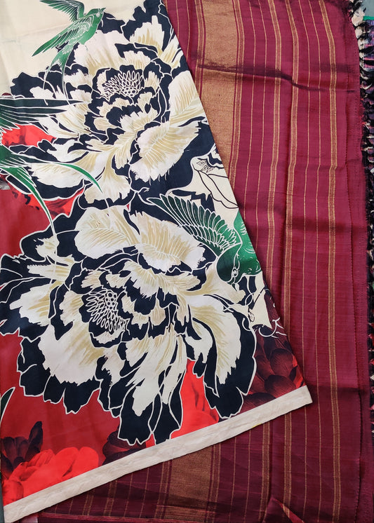 Cream Colour Borderless Kanchivaram Silk Saree With Digital Print All Over Code : KA0124