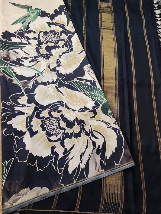 Cream Colour Borderless Kanchivaram Silk Saree With Digital Print All Over Code : KA093