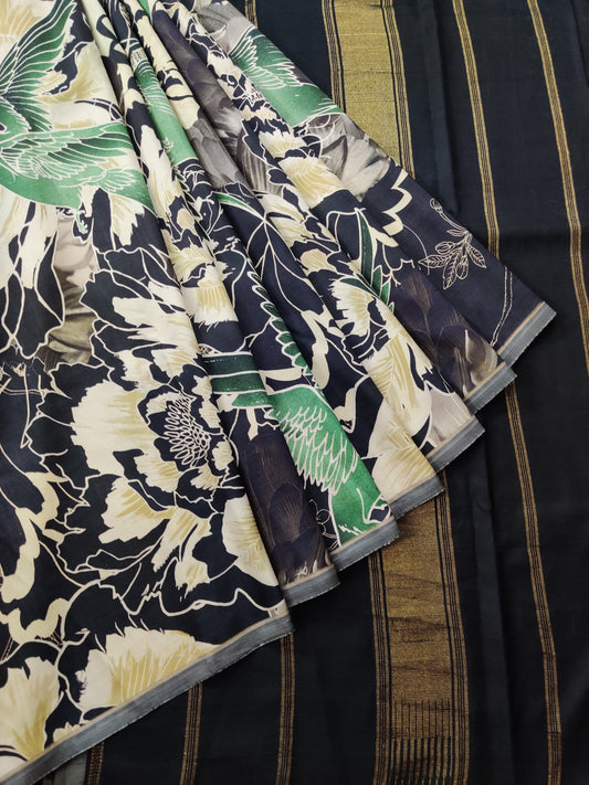 Cream Colour Borderless Kanchivaram Silk Saree With Digital Print All Over Code : KA093
