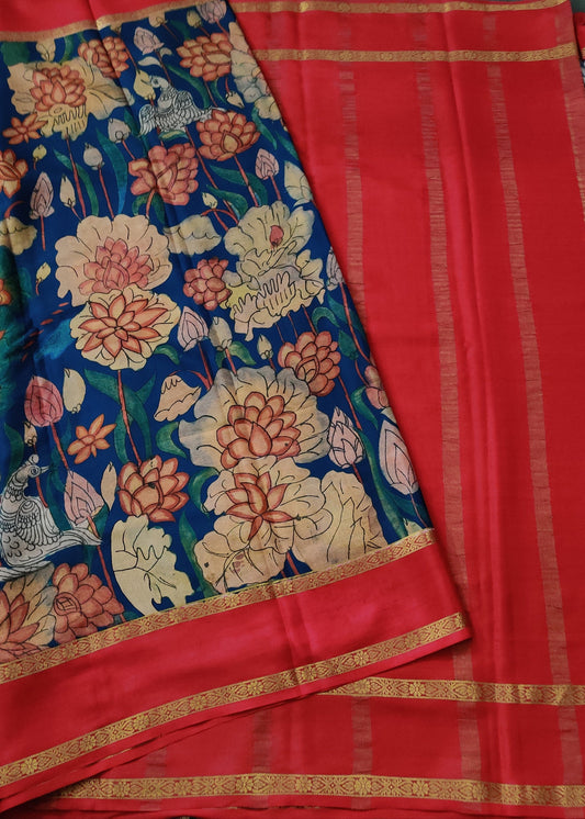 Peacock Blue Colour Mysore Crepe Silk & Saree With Kalamkari Digital Print All Over Code : KA0130