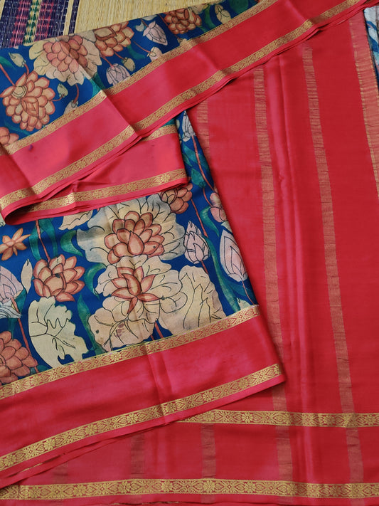 Peacock Blue Colour Mysore Crepe Silk & Saree With Kalamkari Digital Print All Over Code : KA0130