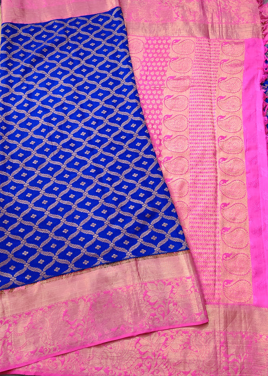 Blue Colour Kanchivaram & Pure Georgette Fusion Silk Saree With Zari Motif All Over KA073