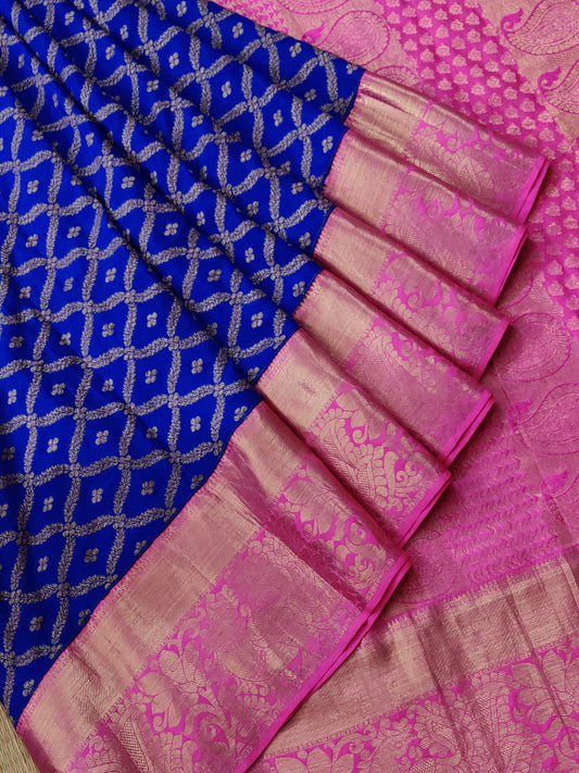 Blue Colour Kanchivaram & Pure Georgette Fusion Silk Saree With Zari Motif All Over KA073