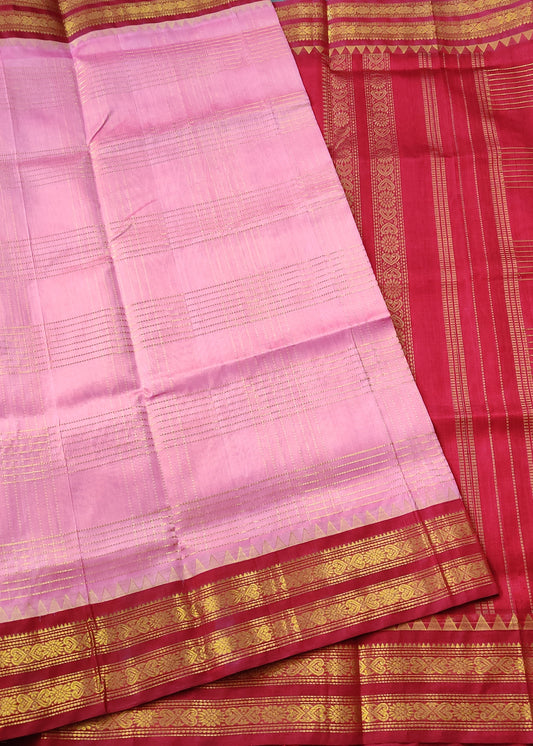 Baby pink colour silk cotton saree with zari checks all over Code : SC029