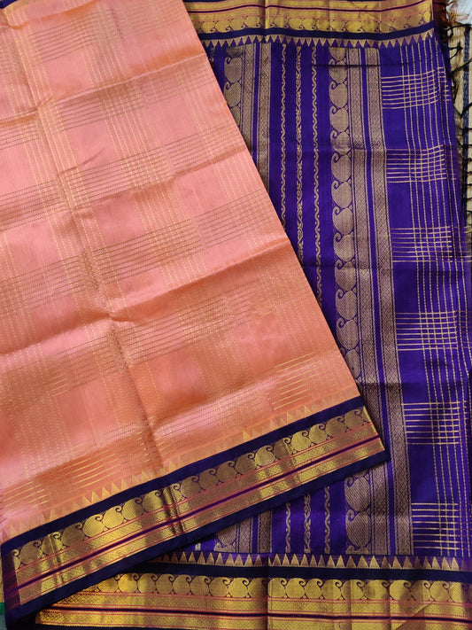 Peach Colour Silk Cotton Saree With Zari Checks All Over Code : SC026