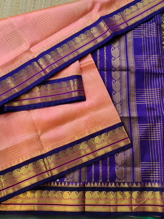 Peach Colour Silk Cotton Saree With Zari Checks All Over Code : SC026
