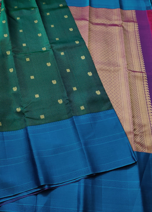 Bottle Green Colour Kanchivaram Silk Saree With Zari Butta All Over Code : KA0132