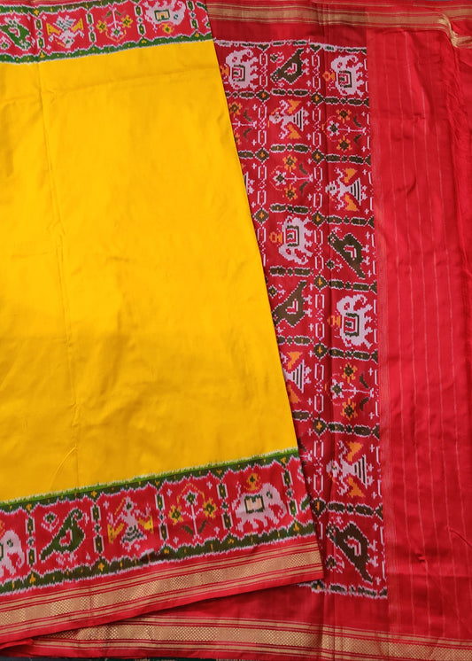 Yellow Colour Ikkat Silk Saree With Plain Body Code : IK012